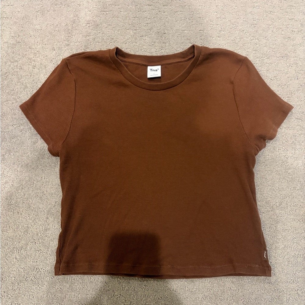 TNA Brown Ribbed Cropped Tee- 100% cotton